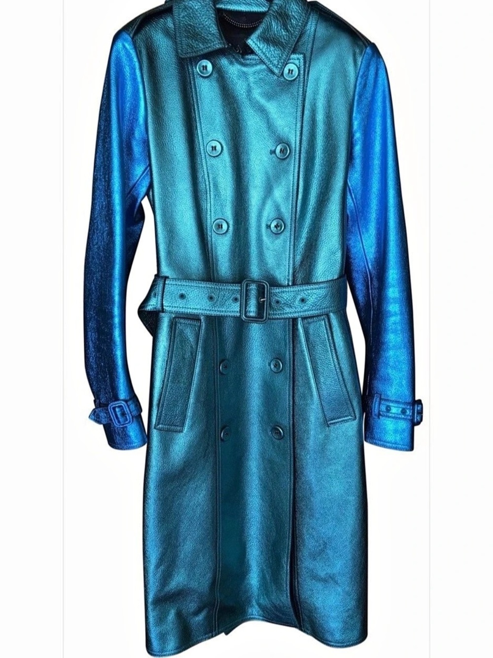 Burberry Prorsum Metallic Blue Leather Trench Coat